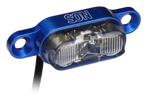 SON rear light DC e-bike 6-12 volt for luggage rack 50mm Blue / Clear Glass